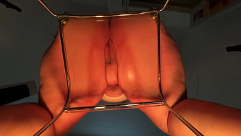 Bbw hooters creamy pussy slut rides dildo on clear chair