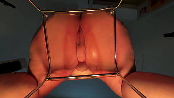 Bbw hooters creamy pussy slut rides dildo on clear chair