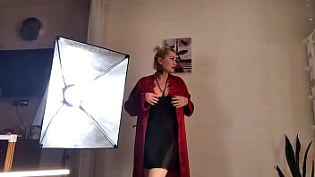 Mature slut wife in a red satin negligee with a ponytail on her head and a dick in her mouth