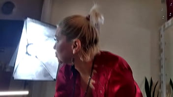 Mature Slut Wife In A Red Satin Negligee With A Ponytail On Her Head And A Dick In Her Mouth thumbnail