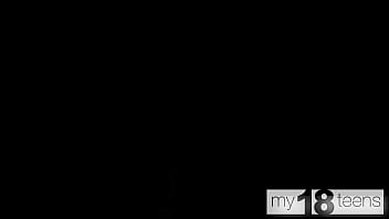 My18teens hot brunette girl with a saggy tits plays with anal butt plug and dildo