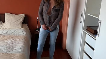 Beautiful stepmother starts touching herself while standing and watching me masturbate in front of her