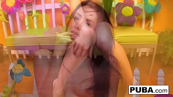 Sexy brunette babe rubs her tight wet pussy