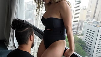 Hot blonde with big breasts loves it when the man makes her cum and leaves the bed all wet and cum