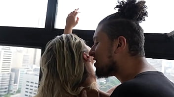 Hot blonde with big breasts loves it when the man makes her cum and leaves the bed all wet and cum