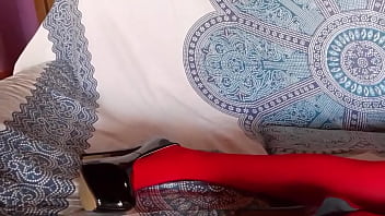 The milf with beautiful legs red pantyhose and black heels