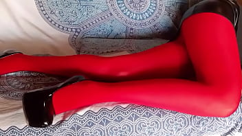 The milf with beautiful legs red pantyhose and black heels