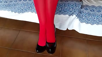 The milf with beautiful legs red pantyhose and black heels