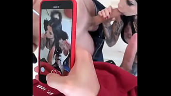 Tattooed girl sucks three huge cocks before getting fucked