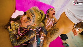 Heavily tattooed babes share bbc & white cock in group mayhem