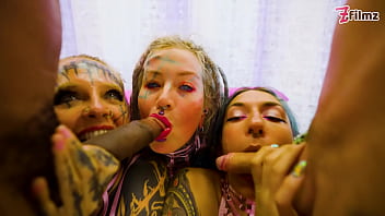 Heavily tattooed babes share bbc & white cock in group mayhem