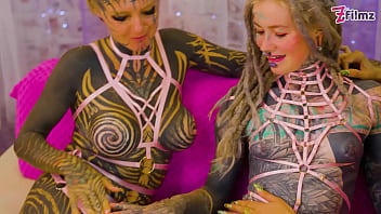 Heavily tattooed babes share bbc & white cock in group mayhem