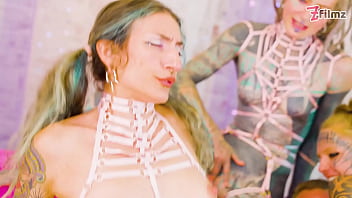 Heavily tattooed babes share bbc & white cock in group mayhem