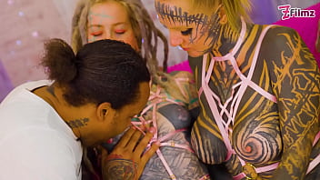 Heavily tattooed babes share bbc & white cock in group mayhem