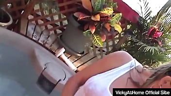 Vicky vette riding her lover's big cock at the pool before a show