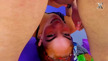 Megan is on her back swallowing a nice cock down her throat