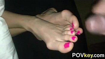 Wife gets cum on her beautiful feet pov