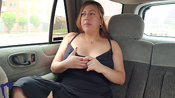 Latina milf passenger masturbates with dildo in the back seat and asks me to touch her tits