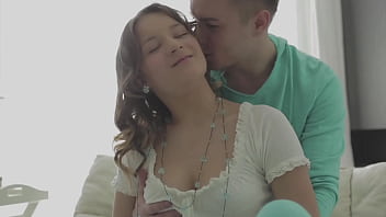 Two hung studs fuck a horny brunette teen in a hot threesome