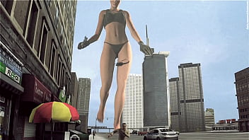 Bikini giant lady crossing town