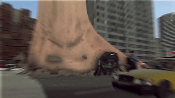 Bikini giant lady crossing town