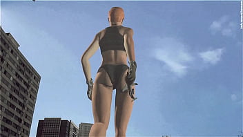 Bikini giant lady crossing town