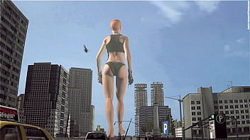Bikini giant lady crossing town