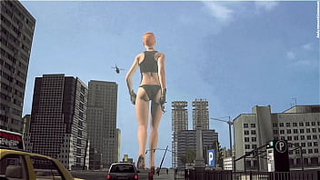 Bikini giant lady crossing town