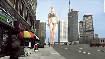 Bikini giant lady crossing town