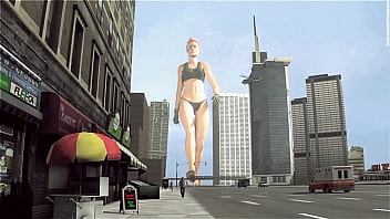 Bikini giant lady crossing town