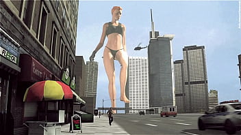 Bikini giant lady crossing town