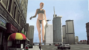 Bikini giant lady crossing town