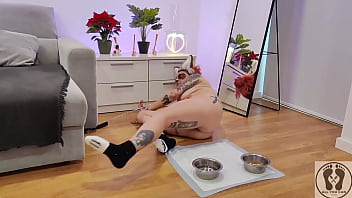 Pooch girl rubbing couch and masturbates with special dildo