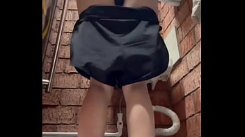 Public Bathroom Playtime In A Public Bathroom Dressed In A Black Top And Shorts I Squat With My Legs Wide Mas thumbnail