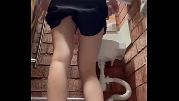 Public bathroom playtime in a public bathroom dressed in a black top and shorts i squat with my legs wide mas