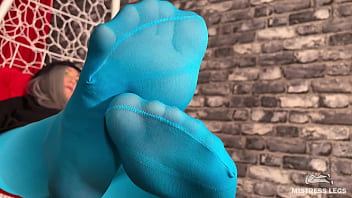 Long Sexy Legsand Feet In Blue Nylons Swings In A Hanging Chair Above You thumbnail