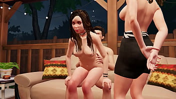 House party threesome with brunettes