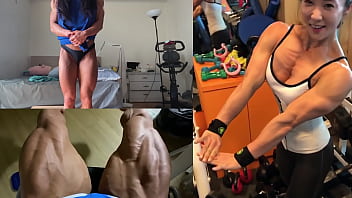 Asian muscle girl flexing and working out