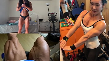 Asian muscle girl flexing and working out