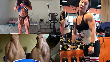 Asian muscle girl flexing and working out