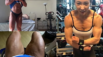 Asian muscle girl flexing and working out