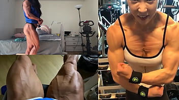 Asian muscle girl flexing and working out