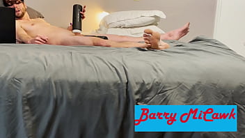 Intense masturbation with moaning using stroking vibrating sucking toy while having balls vibrated