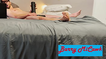 Intense masturbation with moaning using stroking vibrating sucking toy while having balls vibrated