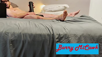 Intense masturbation with moaning using stroking vibrating sucking toy while having balls vibrated