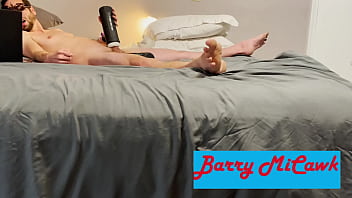 Intense masturbation with moaning using stroking vibrating sucking toy while having balls vibrated