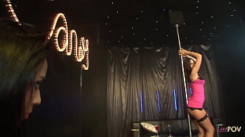 This busty milf lesbian loves to pole dance before getting her pussy licked and fingered