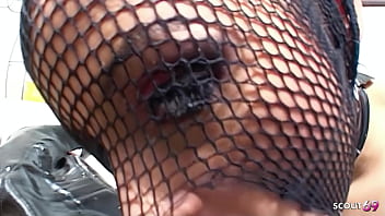 Black hair small tits latex bitch in fishnet stockings get hard mmf 3some fuck with rimming by two big dick boys