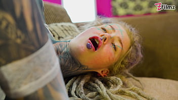 Anal solo tattoo girl sexy fishnets highheels stocking solo anal xl dildo play