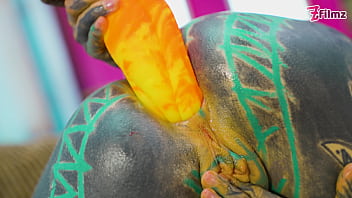 Anal solo tattoo girl sexy fishnets highheels stocking solo anal xl dildo play